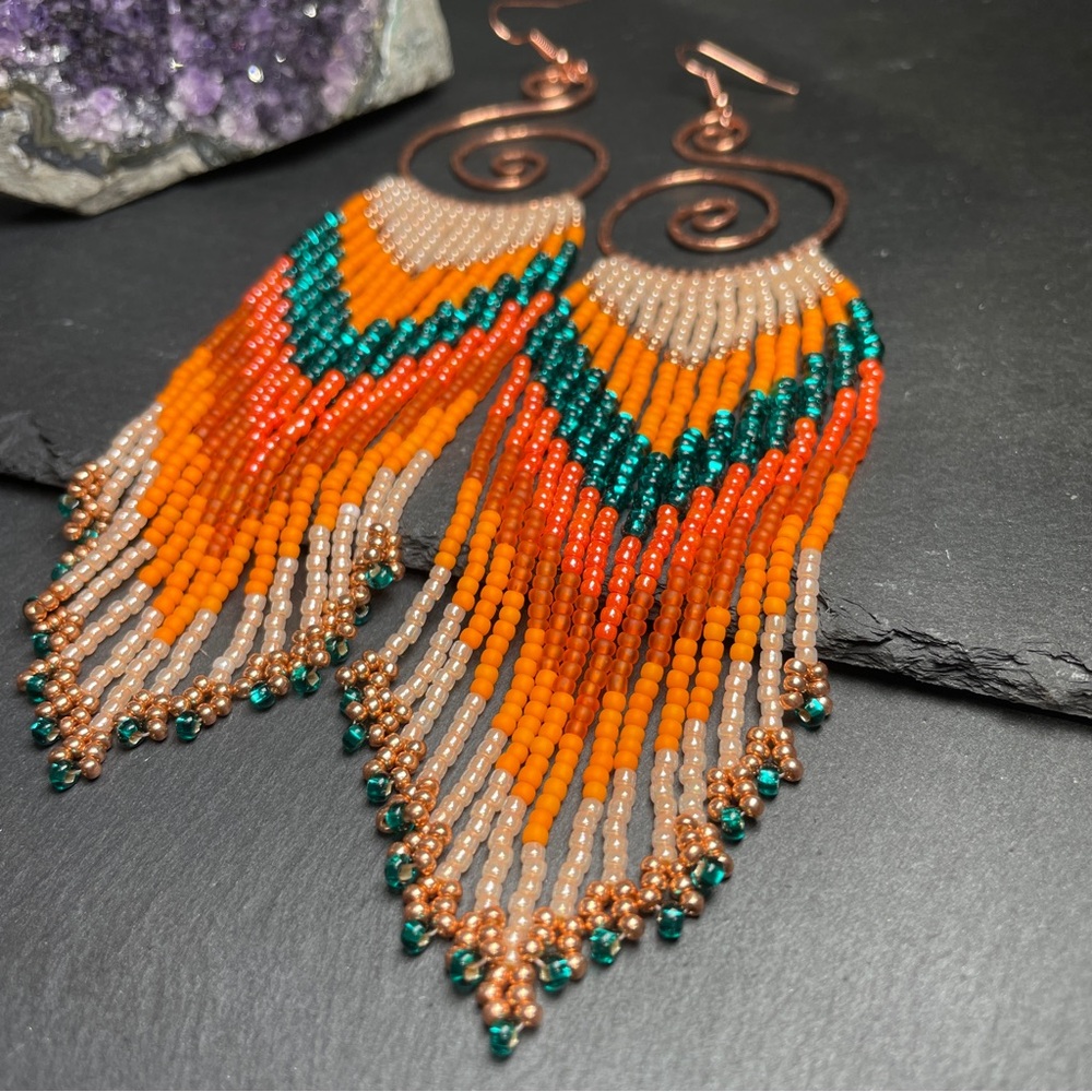 Hammered Copper Hoops With Long Orange Teal Glass Beaded Fringe Earrings - Picture 6 of 11